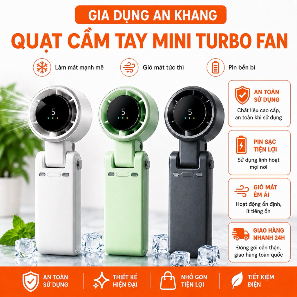 Quạt Mini Cầm Tay Turbo Fan 5 Cấp Độ Gió Pin 40000mAh Màn Hình LED, Sạc USB-C, Tặng Kèm Dây Đeo