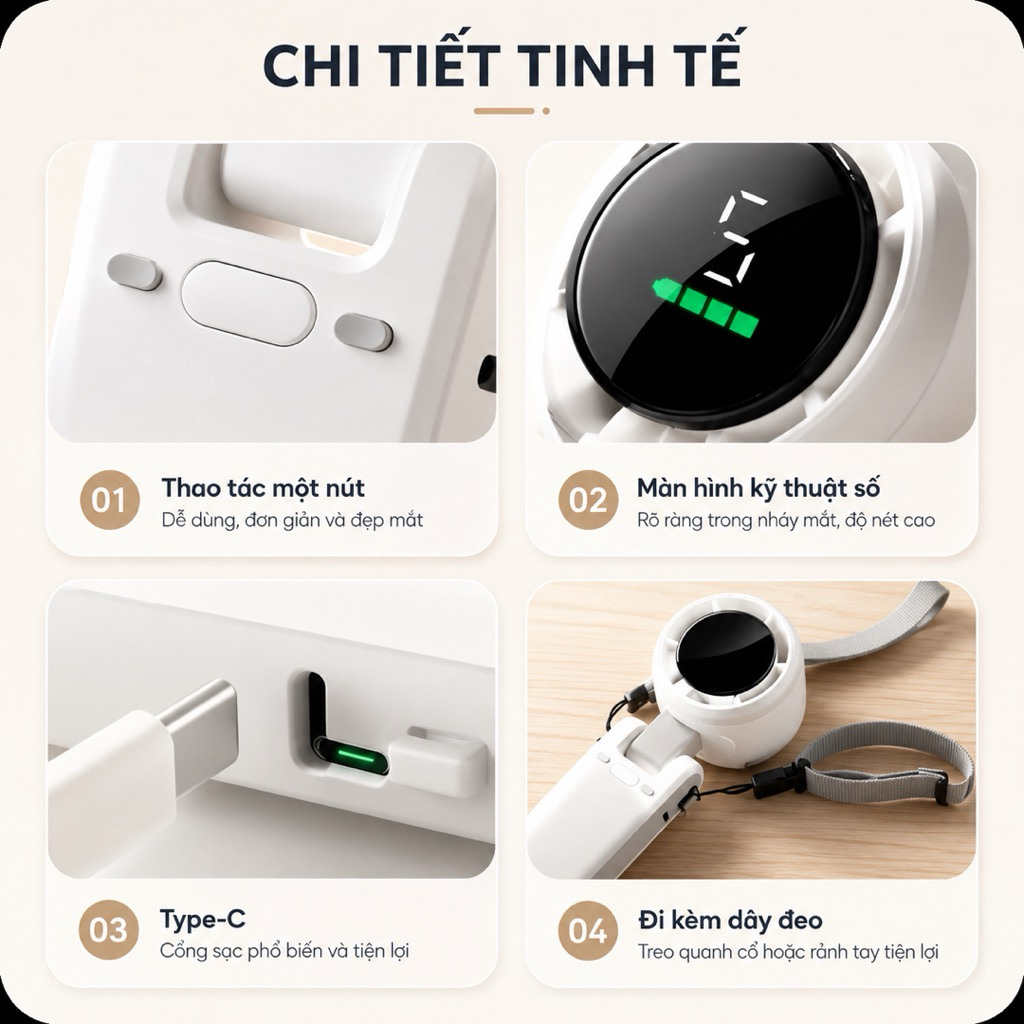 Quạt Mini Cầm Tay Turbo Fan 5 Cấp Độ Gió Pin 40000mAh Màn Hình LED, Sạc USB-C, Tặng Kèm Dây Đeo