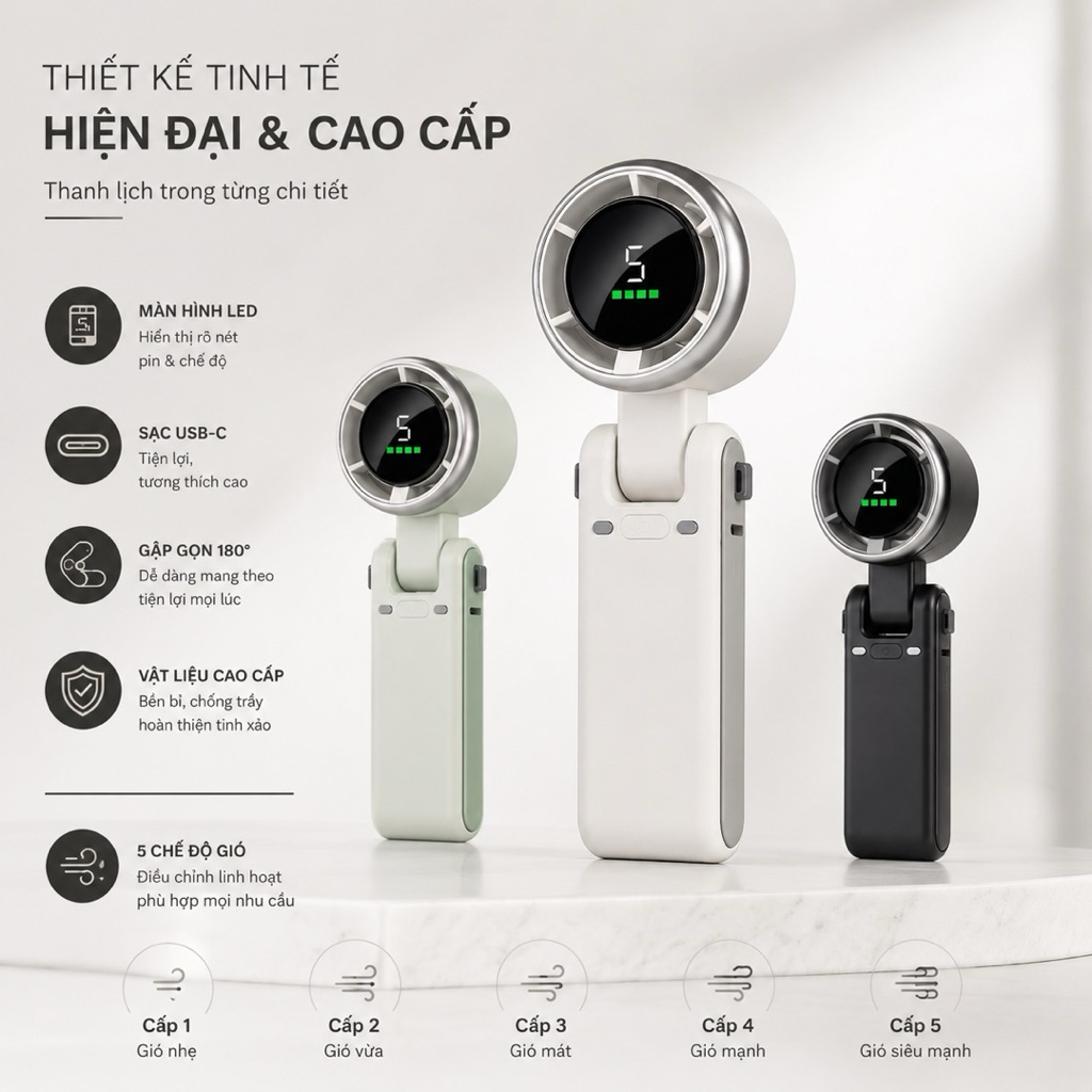 Quạt Mini Cầm Tay Turbo Fan 5 Cấp Độ Gió Pin 40000mAh Màn Hình LED, Sạc USB-C, Tặng Kèm Dây Đeo