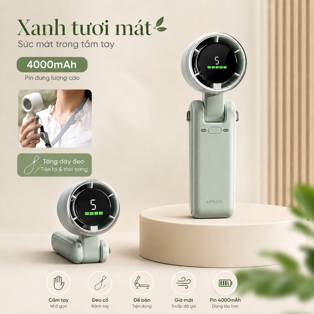 Quạt Mini Cầm Tay Turbo Fan 5 Cấp Độ Gió Pin 40000mAh Màn Hình LED, Sạc USB-C, Tặng Kèm Dây Đeo