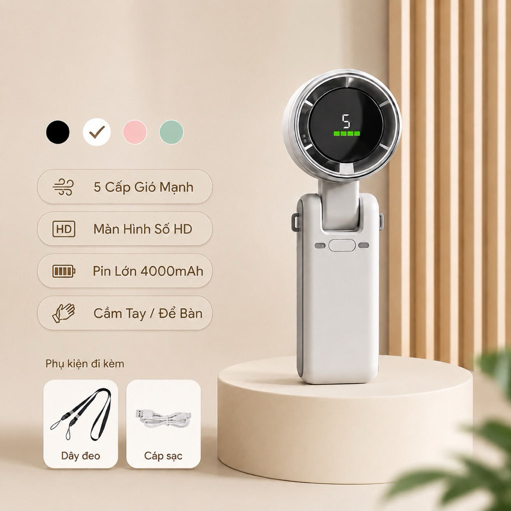 Quạt Mini Cầm Tay Turbo Fan 5 Cấp Độ Gió Pin 40000mAh Màn Hình LED, Sạc USB-C, Tặng Kèm Dây Đeo