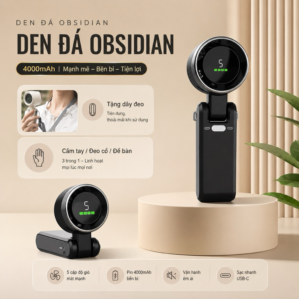 Quạt Mini Cầm Tay Turbo Fan 5 Cấp Độ Gió Pin 40000mAh Màn Hình LED, Sạc USB-C, Tặng Kèm Dây Đeo