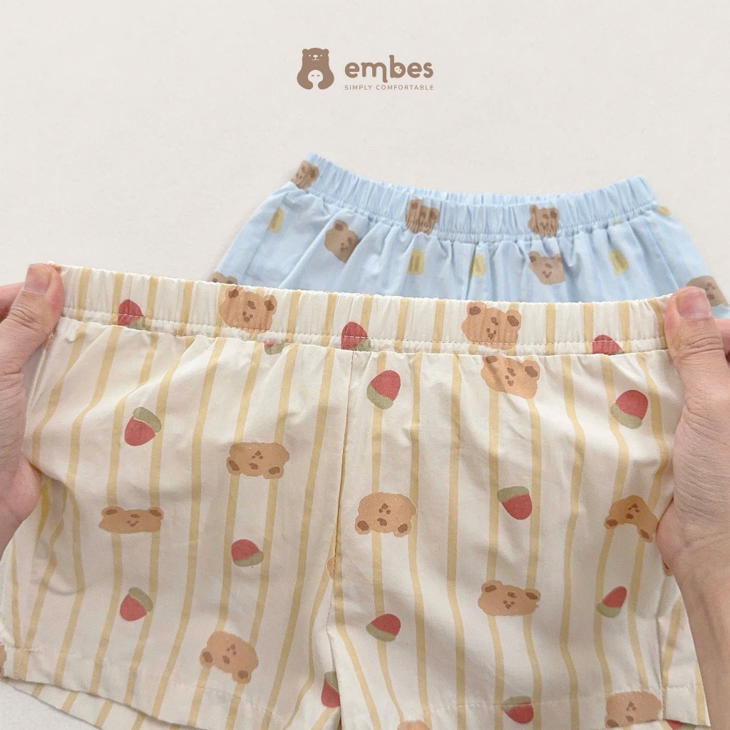 Bộ Cộc Cho Bé Embes, Bộ Sơ Mi Cộc Tay Kẻ Sọc In Họa Tiết Mùa Hè Cho Bé Trai Bé Gái Size Từ 8-17Kg