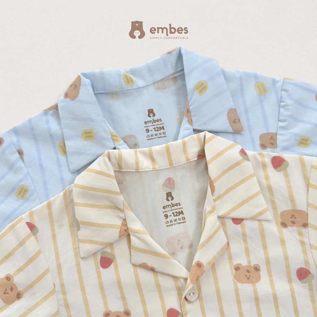 Bộ Cộc Cho Bé Embes, Bộ Sơ Mi Cộc Tay Kẻ Sọc In Họa Tiết Mùa Hè Cho Bé Trai Bé Gái Size Từ 8-17Kg