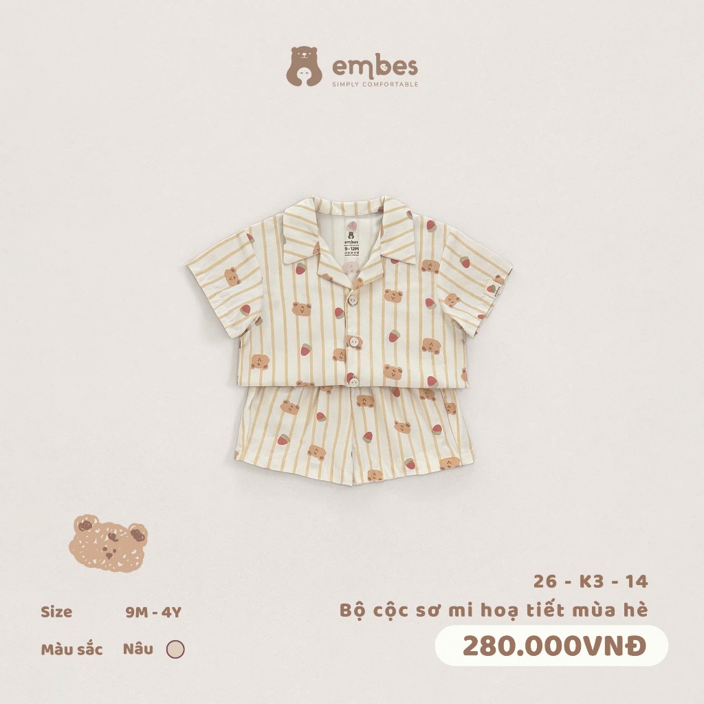Bộ Cộc Cho Bé Embes, Bộ Sơ Mi Cộc Tay Kẻ Sọc In Họa Tiết Mùa Hè Cho Bé Trai Bé Gái Size Từ 8-17Kg