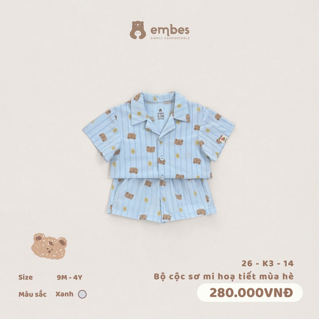 Bộ Cộc Cho Bé Embes, Bộ Sơ Mi Cộc Tay Kẻ Sọc In Họa Tiết Mùa Hè Cho Bé Trai Bé Gái Size Từ 8-17Kg