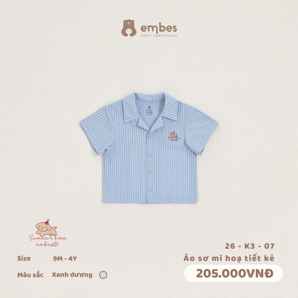 Áo Sơ Mi Cho Bé Embes, Áo Sơ Mi Cộc Tay Hẻ In Họa Tiết Cho Bé Trai Bé Gái Size Từ 8-17Kg