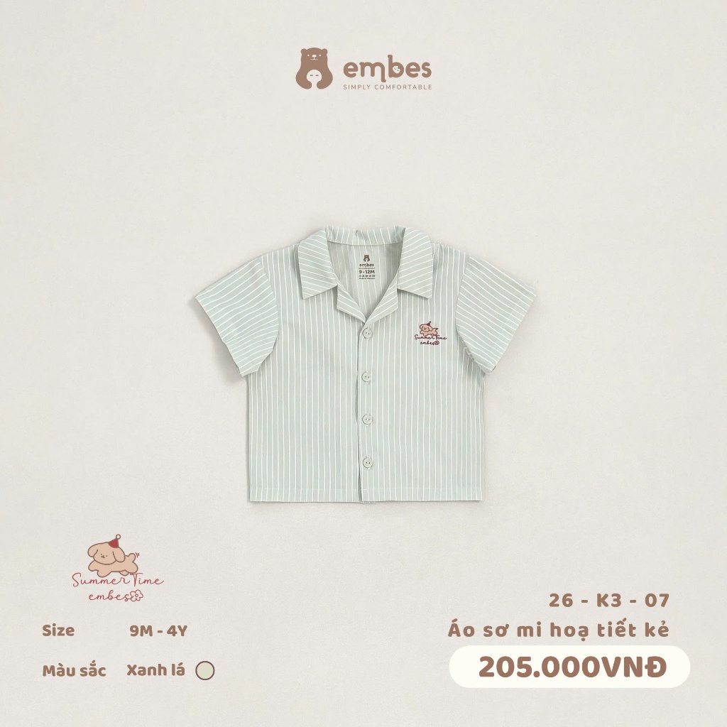 Áo Sơ Mi Cho Bé Embes, Áo Sơ Mi Cộc Tay Hẻ In Họa Tiết Cho Bé Trai Bé Gái Size Từ 8-17Kg