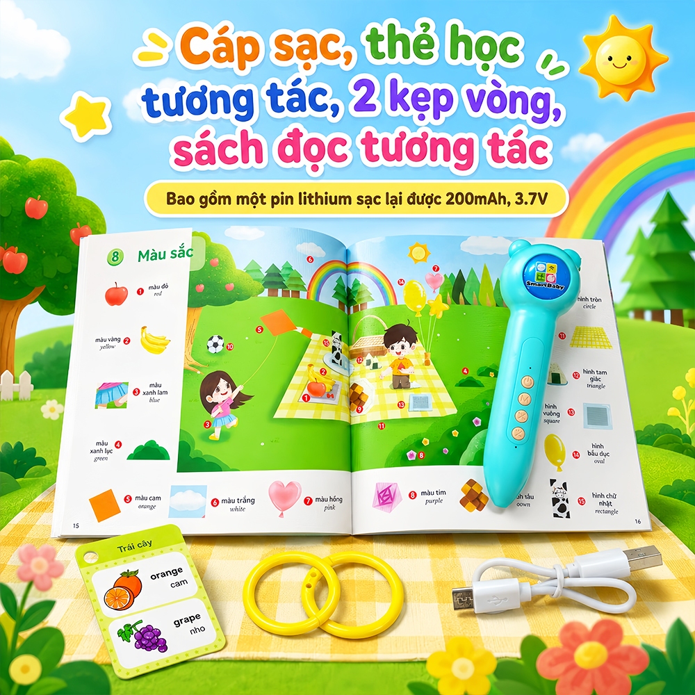 Bút chấm đọc cho bé 3-10 tuổi - Song ngữ Việt Anh, đồ chơi thông minh cho bé, kèm sách song ngữ Anh - Việt