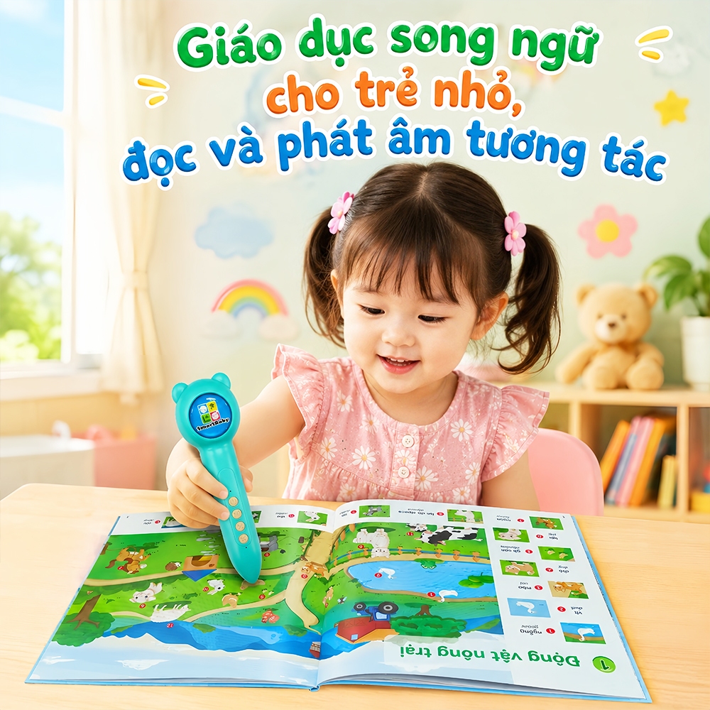 Bút chấm đọc cho bé 3-10 tuổi - Song ngữ Việt Anh, đồ chơi thông minh cho bé, kèm sách song ngữ Anh - Việt