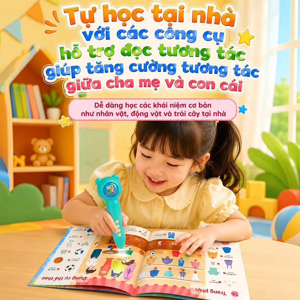 Bút chấm đọc cho bé 3-10 tuổi - Song ngữ Việt Anh, đồ chơi thông minh cho bé, kèm sách song ngữ Anh - Việt
