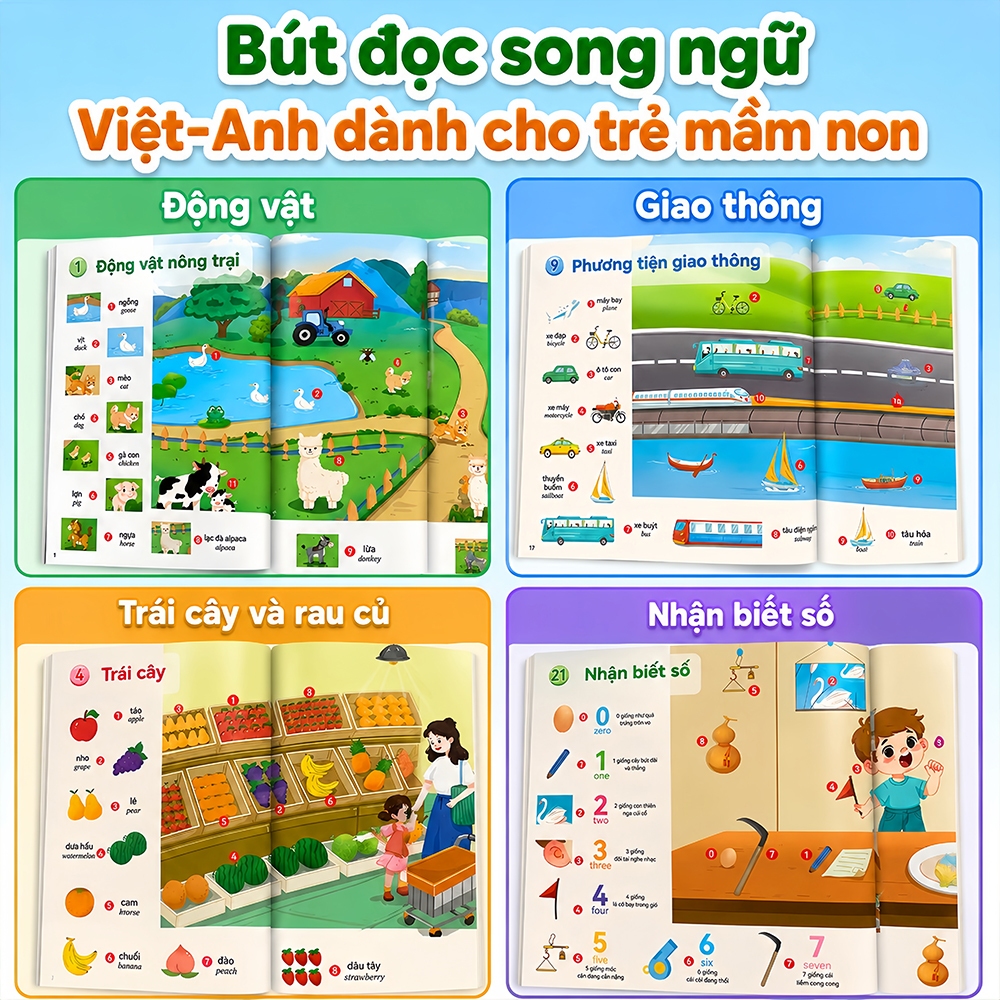 Bút chấm đọc cho bé 3-10 tuổi - Song ngữ Việt Anh, đồ chơi thông minh cho bé, kèm sách song ngữ Anh - Việt