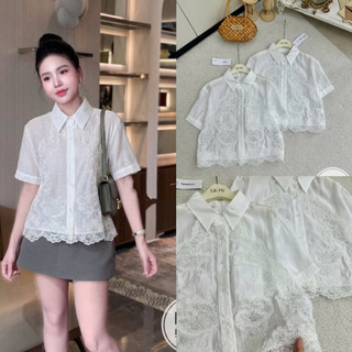 Áo sơ mi tơ cộc tay cổ đức đáp ren mỏng nhẹ #82200