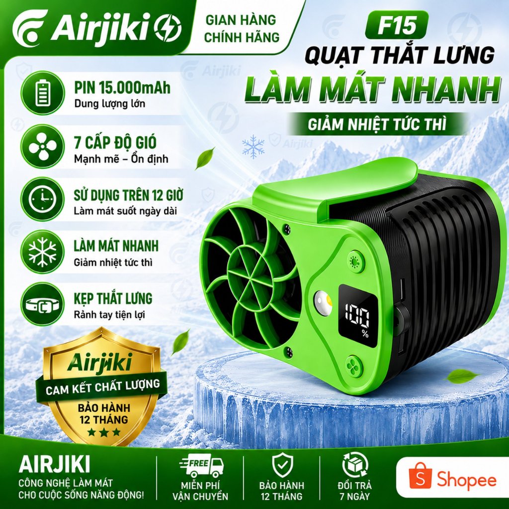 Quạt mini đeo thắt lưng F15 Cao Cấp - 7 Cấp Độ Gió 15.000mAh . động co turbo mạnh khỏe