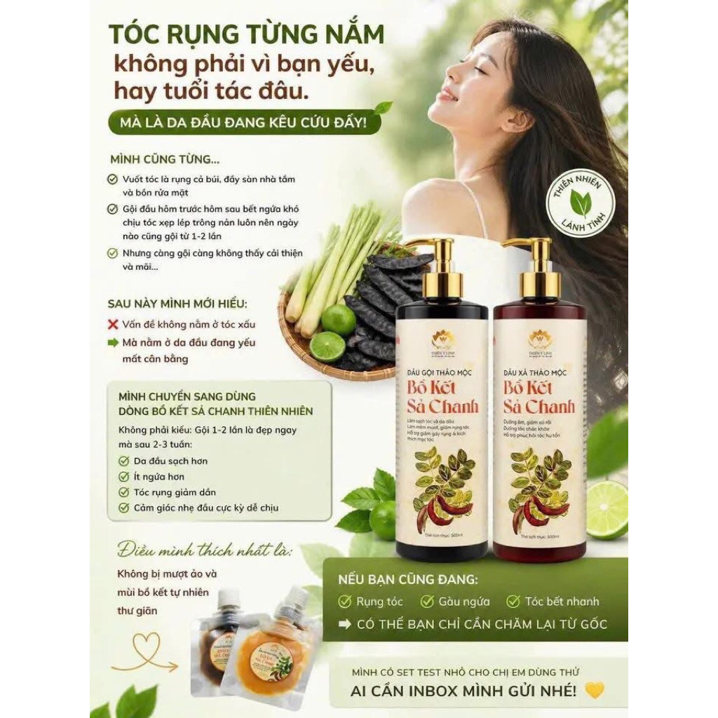 Combo Dầu gội và xả Bồ kết Sả chanh size 500ml/chai