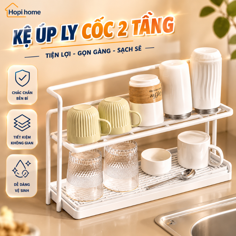 Kệ Úp Ly Cốc 2 Tầng Thép Carbon Cao Cấp, Kệ Kèm Khay Hứng Nước, Kệ Đựng Lọ Gia Vị Nhà Bếp Sang Trọng