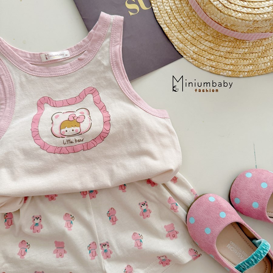 Set bộ ba lỗ bé gái 1-6 tuổi mặc hè Miniumbaby hoạ tiết mặt gấu cute, chất cotton thoáng mát SB2769