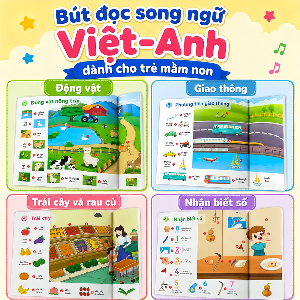Bút cảm ứng cho bé song ngữ anh việt cho bé 3-10 tuổi – Bút điểm đọc thông minh 24 chủ đề, kèm sách tranh + flashcard