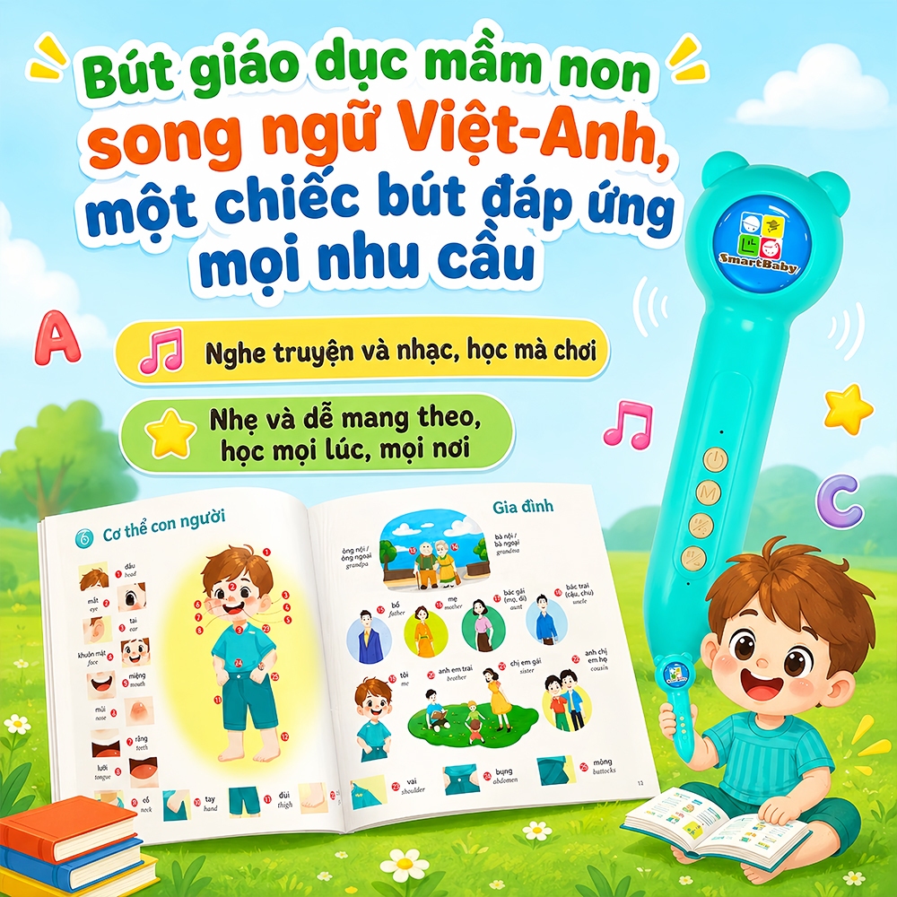 Bút cảm ứng cho bé song ngữ anh việt cho bé 3-10 tuổi – Bút điểm đọc thông minh 24 chủ đề, kèm sách tranh + flashcard