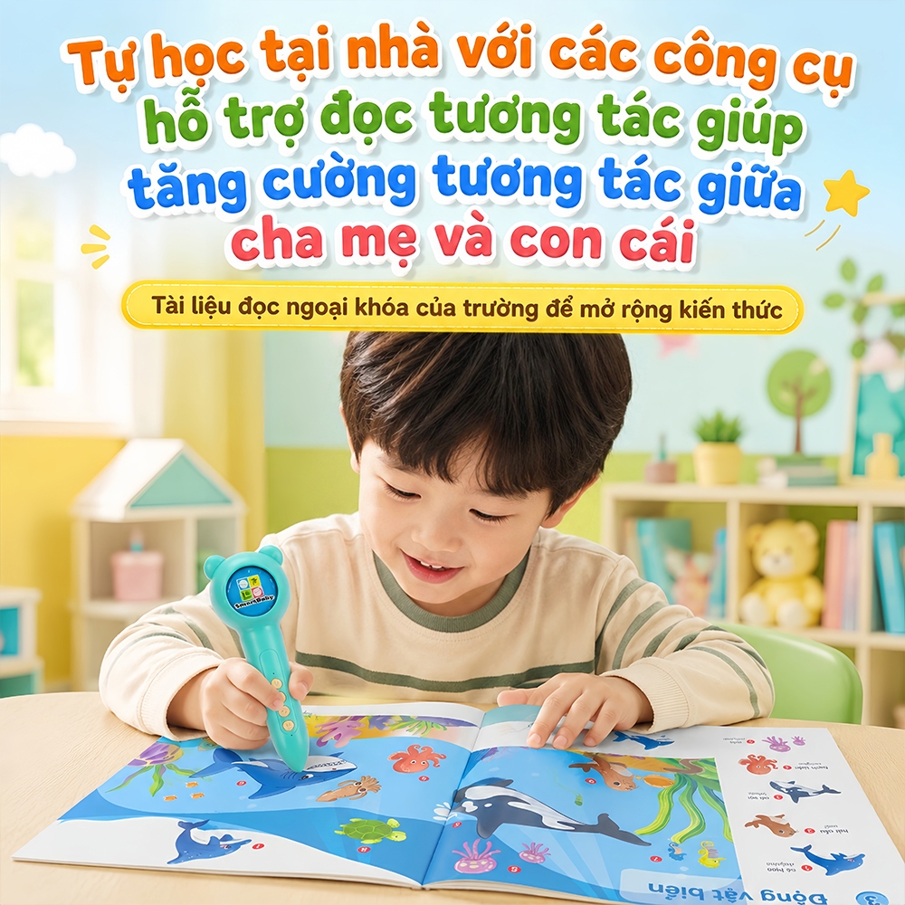Bút cảm ứng cho bé song ngữ anh việt cho bé 3-10 tuổi – Bút điểm đọc thông minh 24 chủ đề, kèm sách tranh + flashcard