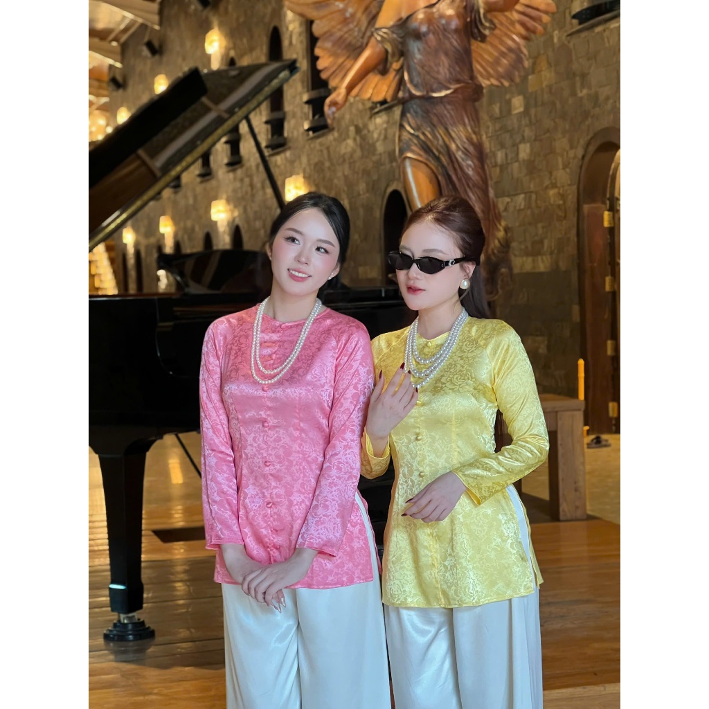 B.a195 - ÁO BÀ BA GẤM HOA MẪU ĐƠN DÂY KÉO CỔ TRÒN NÚT NỤ BỌC QUẦN LỤA
