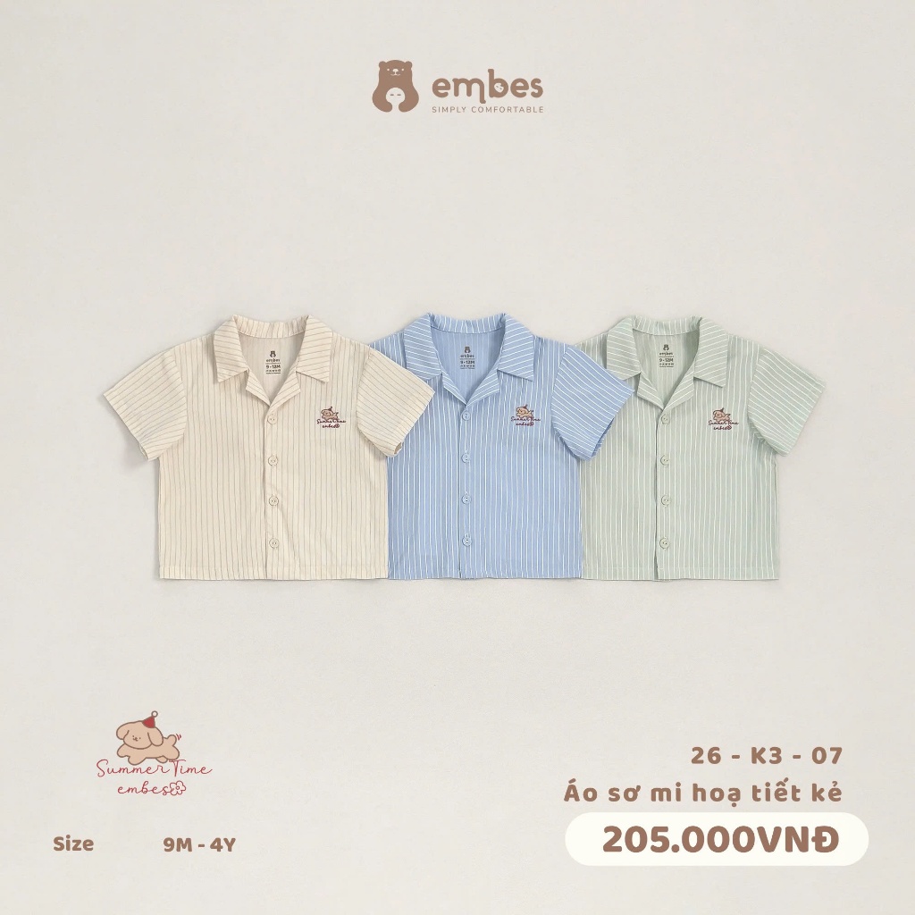 Áo Sơ Mi Cho Bé Embes, Áo Sơ Mi Cộc Tay Hẻ In Họa Tiết Cho Bé Trai Bé Gái Size Từ 8-17Kg