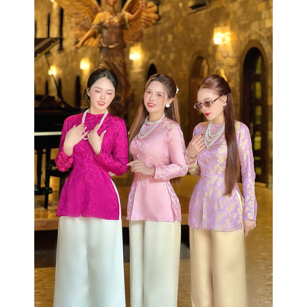 Hân Nguyễn Áo Bà Ba-B.A191 Áo Bà Ba Gấm Tơ Tằm Kim Hoa Dệt Gold Silver Cao Cấp Cổ Tròn Nút Bọc Dây Kéo QUẦN NGOC TRAI