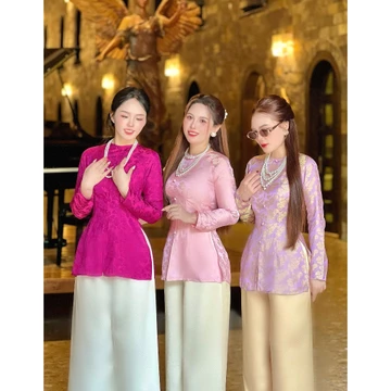 Hân Nguyễn Áo Bà Ba-B.A191 Áo Bà Ba Gấm Tơ Tằm Kim Hoa Dệt Gold Silver Cao Cấp Cổ Tròn Nút Bọc Dây Kéo QUẦN NGOC TRAI