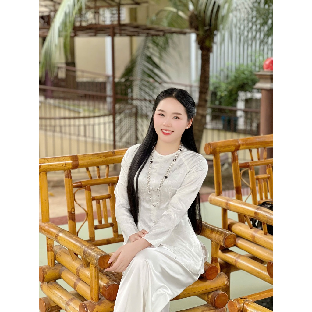 Hân Nguyễn Áo Bà Ba - B.A174 - Áo Bà Ba Gấm Đồng Tiền Lá Trúc Cổ Tròn Nút Bọc Nụ Dây Kéo (QUẦN NGỌC TRAI)