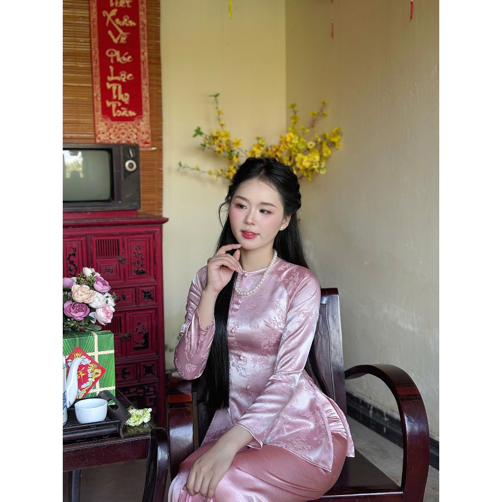 Hân Nguyễn Áo Bà Ba - B.A174 - Áo Bà Ba Gấm Đồng Tiền Lá Trúc Cổ Tròn Nút Bọc Nụ Dây Kéo (QUẦN NGỌC TRAI)