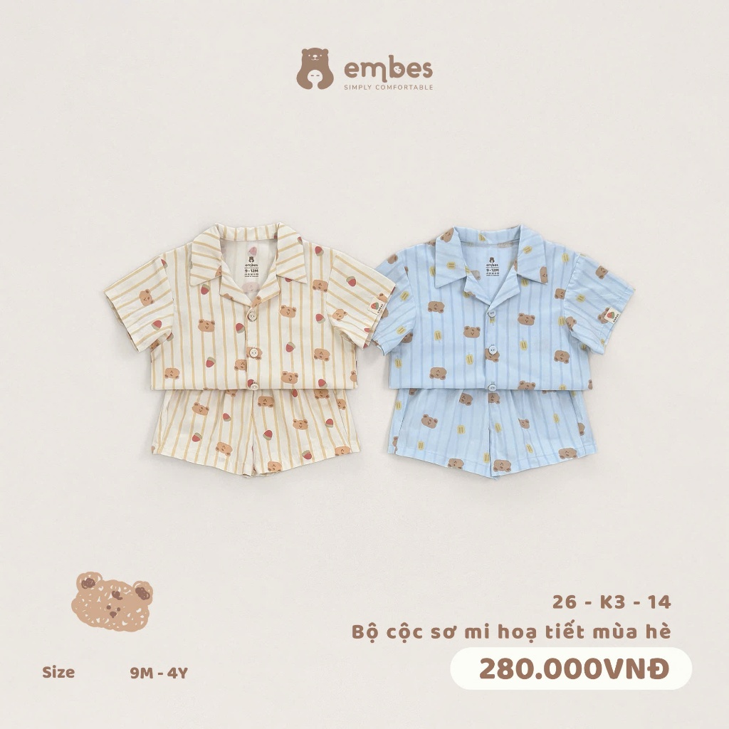 Bộ Cộc Cho Bé Embes, Bộ Sơ Mi Cộc Tay Kẻ Sọc In Họa Tiết Mùa Hè Cho Bé Trai Bé Gái Size Từ 8-17Kg