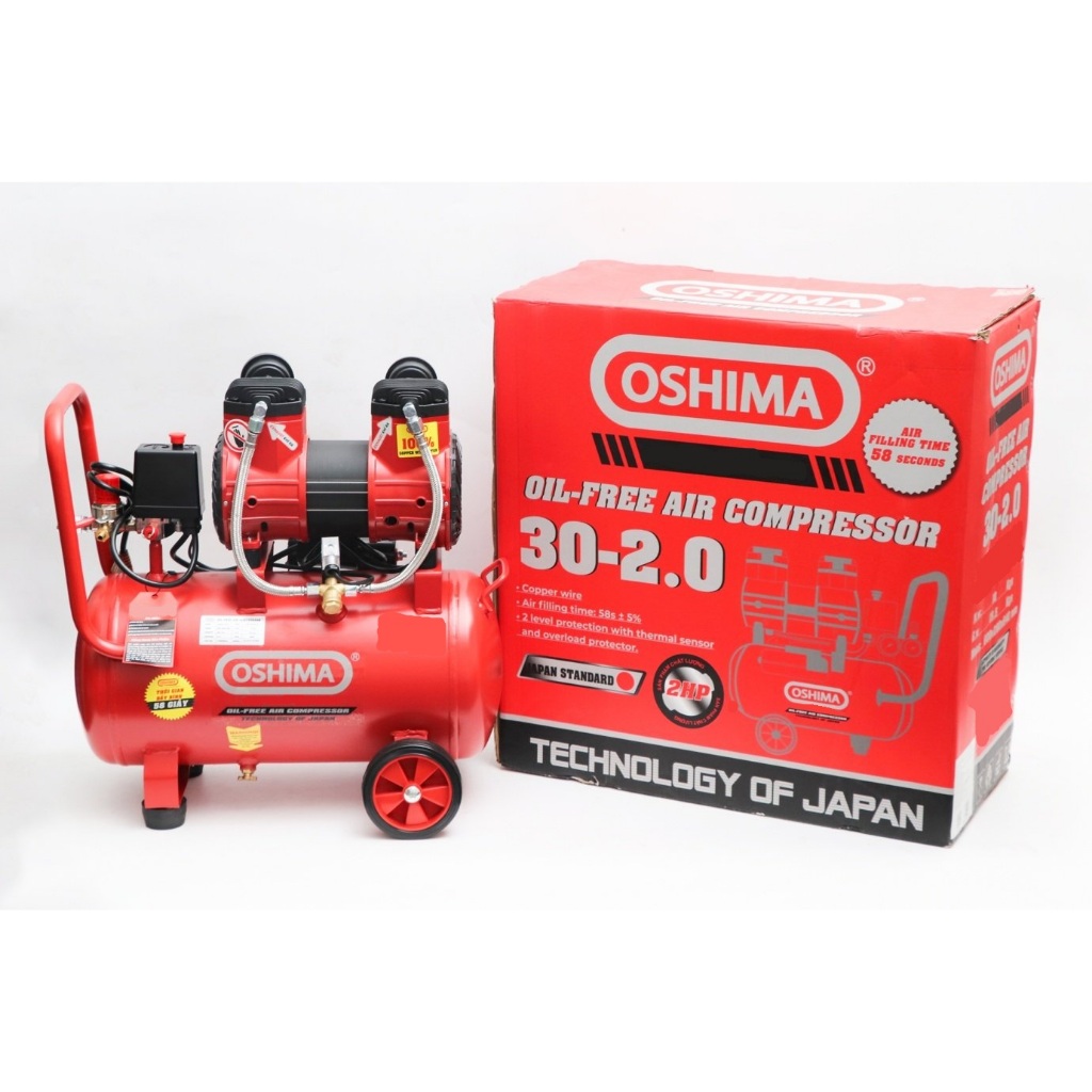 Máy Nén Khí Oshima 30L (Không Dầu), Công Suất 2.0HP, Sử Dụng Dây Đồng, Bảo Hành 12 Tháng