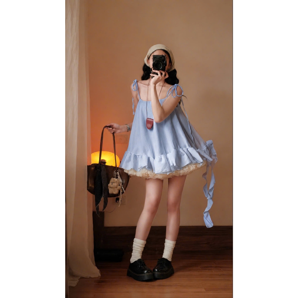 P346 - Đầm babydoll 2 dây dáng xòe kèm tua rua phối tầng bèo xinh xắn