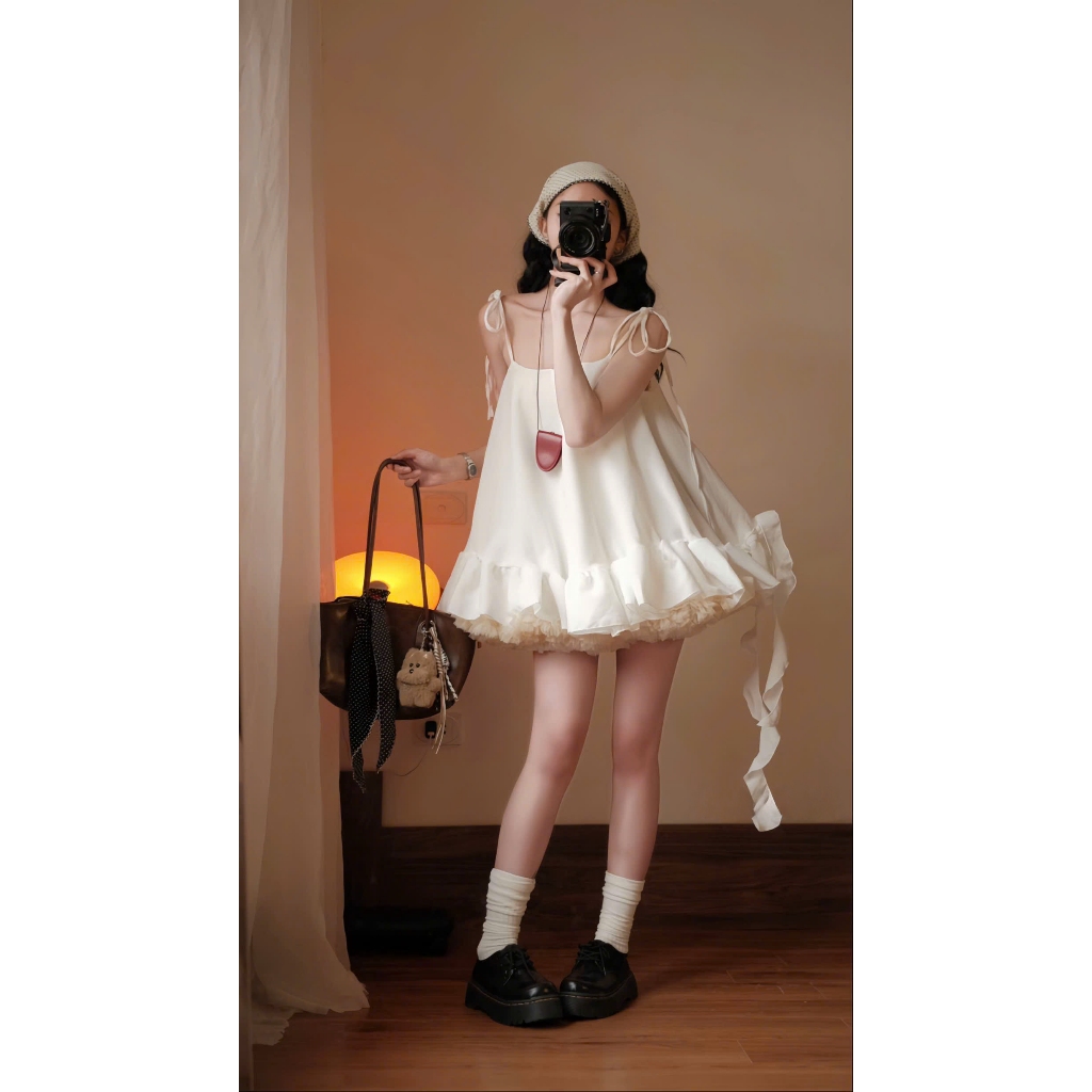 P346 - Đầm babydoll 2 dây dáng xòe kèm tua rua phối tầng bèo xinh xắn