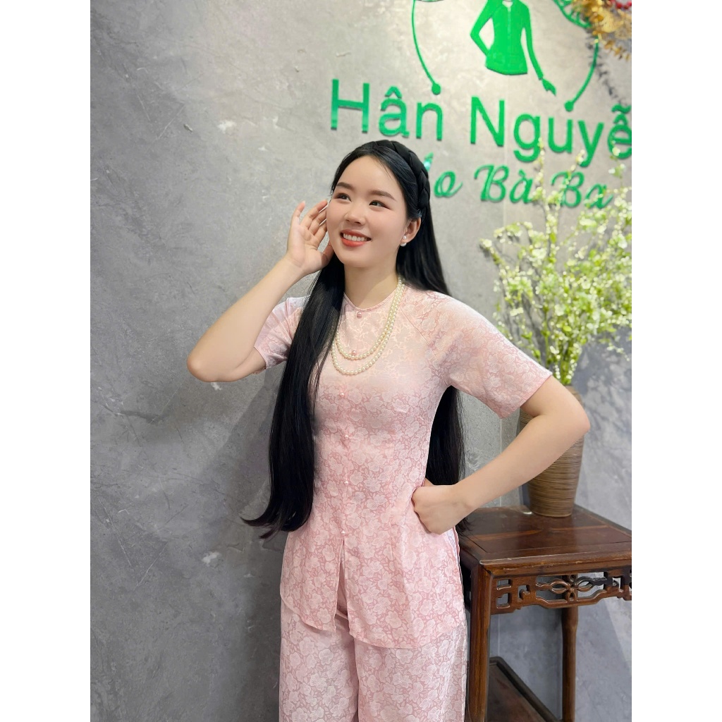 B.a193- (FROM DÁNG DÀI) ÁO BÀ BA GẤM HOA NHÀI ÁNH NGỌC DỆT XINH TAY NGẮN NÚT NGỌC TRAI DÂY KÉO