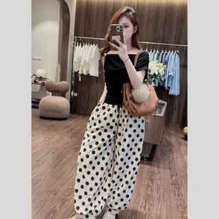 Set áo trễ vai đen quần chấm bi ống rộng MIA nữ phong cách Hàn Quốc mặc cực tôn dáng S183
