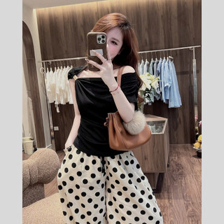 Set áo trễ vai đen quần chấm bi ống rộng MIA nữ phong cách Hàn Quốc mặc cực tôn dáng S183