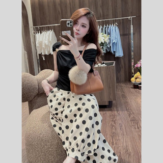 Set áo trễ vai đen quần chấm bi ống rộng MIA nữ phong cách Hàn Quốc mặc cực tôn dáng S183