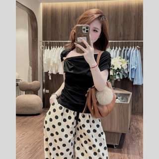 Set áo trễ vai đen quần chấm bi ống rộng MIA nữ phong cách Hàn Quốc mặc cực tôn dáng S183