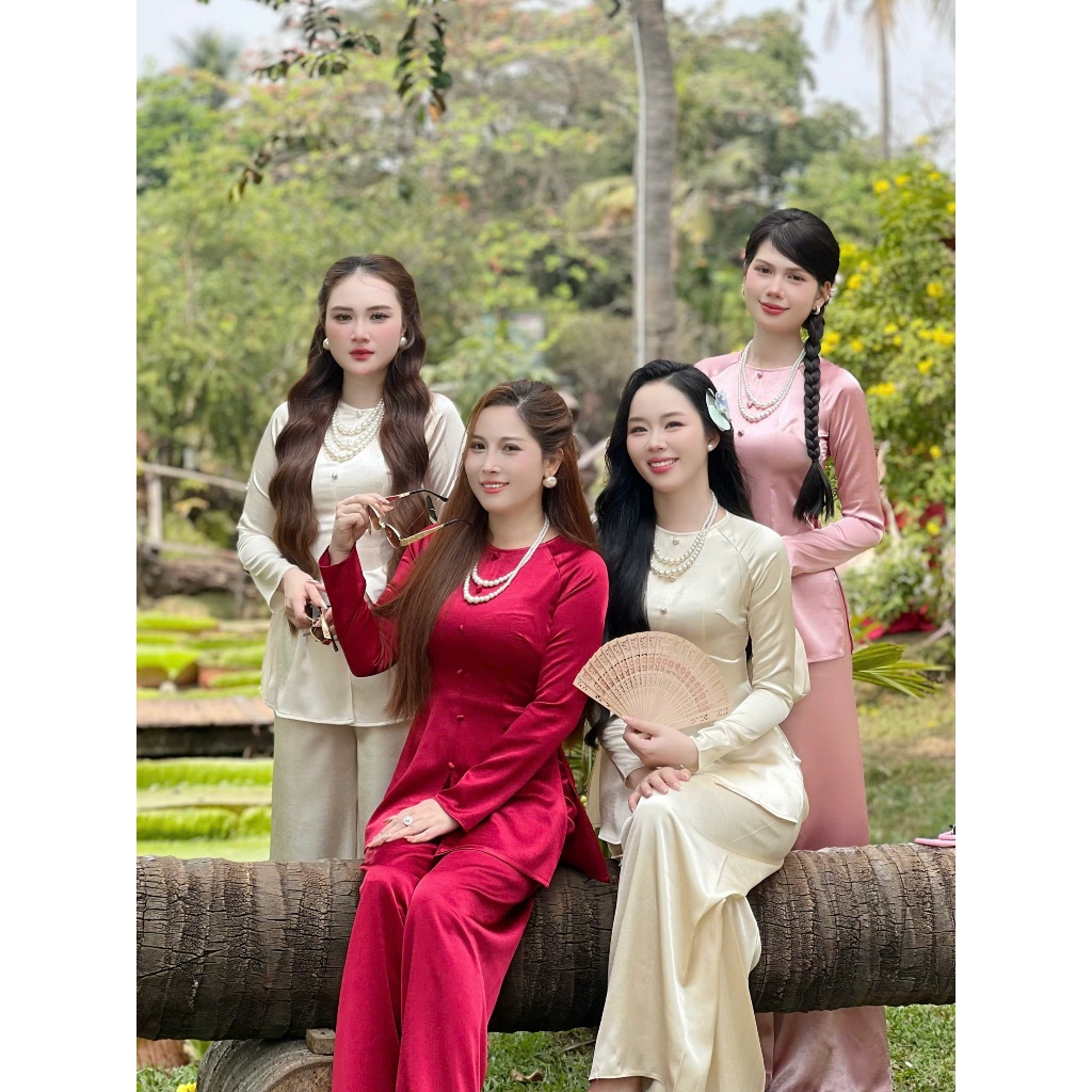 Hân Nguyễn Áo Bà Ba - B.A180 - Áo Bà Ba Lụa Valentinoo Châu Sa Cao Cấp Cổ Tròn Nút Nụ Dây Kéo ( Quần Ngọc Trai )