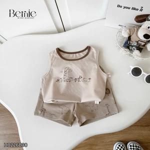 Bộ ba lỗ in tràn động vật tông nâu be siêu xinh cho bé, set thun ba lỗ mềm mát bé trai