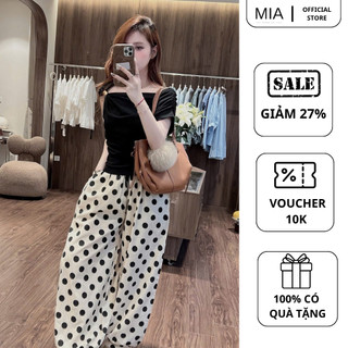 Set áo trễ vai đen quần chấm bi ống rộng MIA nữ phong cách Hàn Quốc mặc cực tôn dáng S183