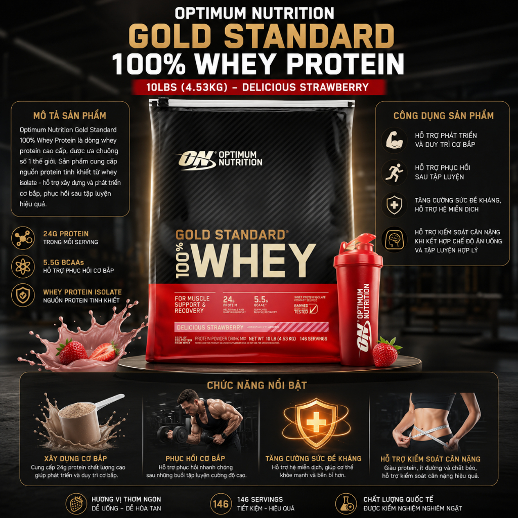 Whey Gold Standard 100% Whey, Sữa Tăng Cơ Whey Protein, 10lbs - Chính hãng
