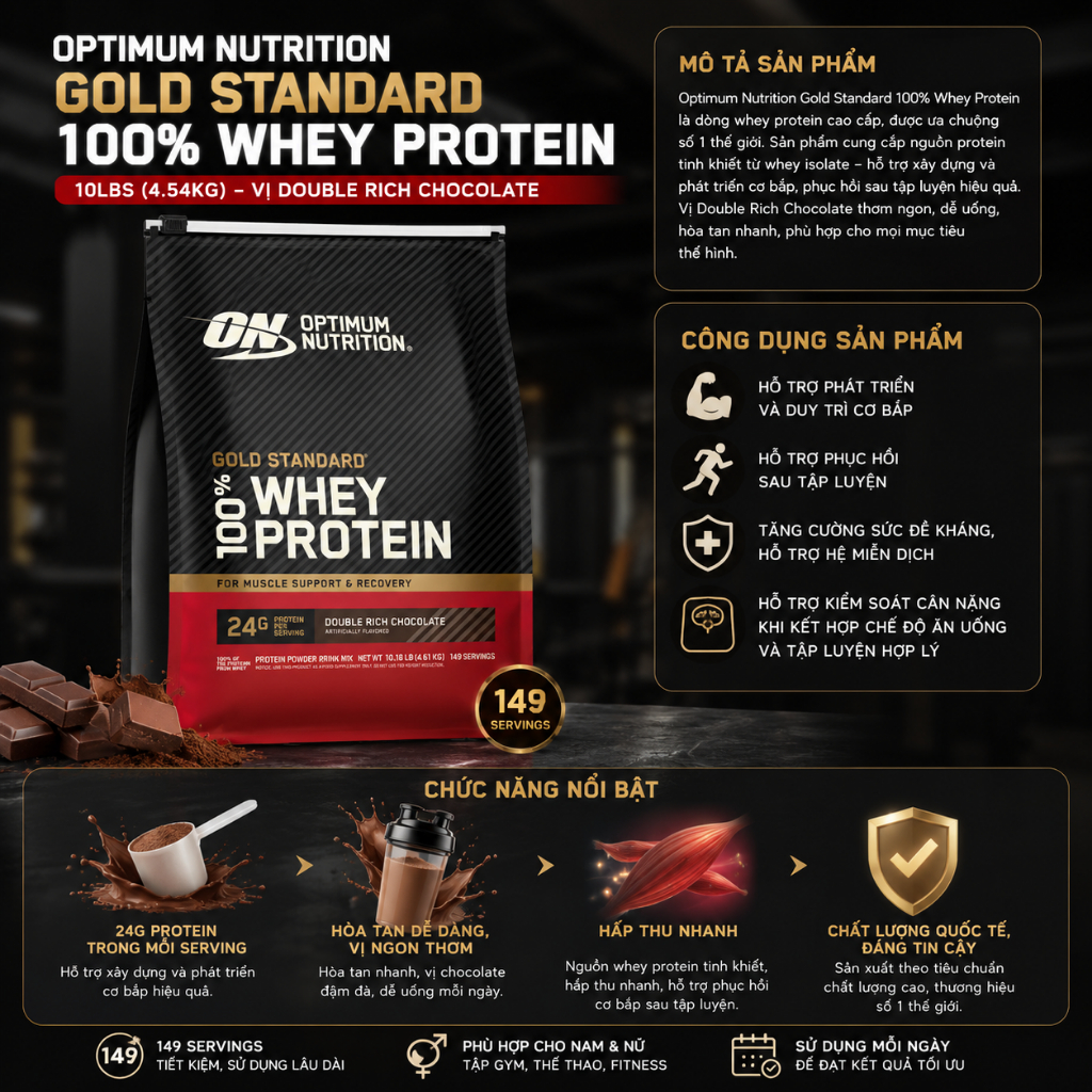 Whey Gold Standard 100% Whey, Sữa Tăng Cơ Whey Protein, 10lbs - Chính hãng