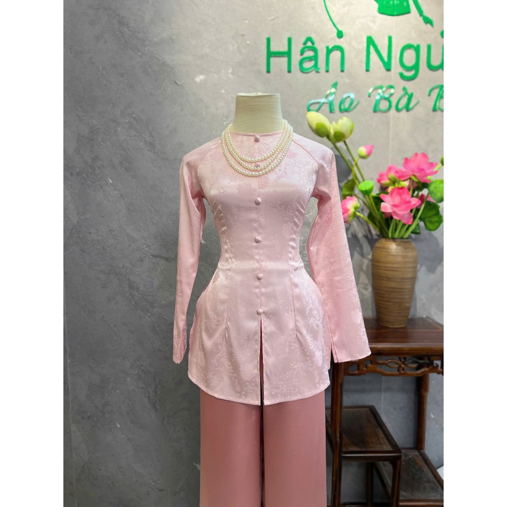 B.A183 - Áo Bà Ba Gấm Tơ Dệt Hoa Lá Trúc Cổ Tròn Nút Nụ Bọc Dây Kéo Tay Dài ( QUẦN NGỌC TRAI )