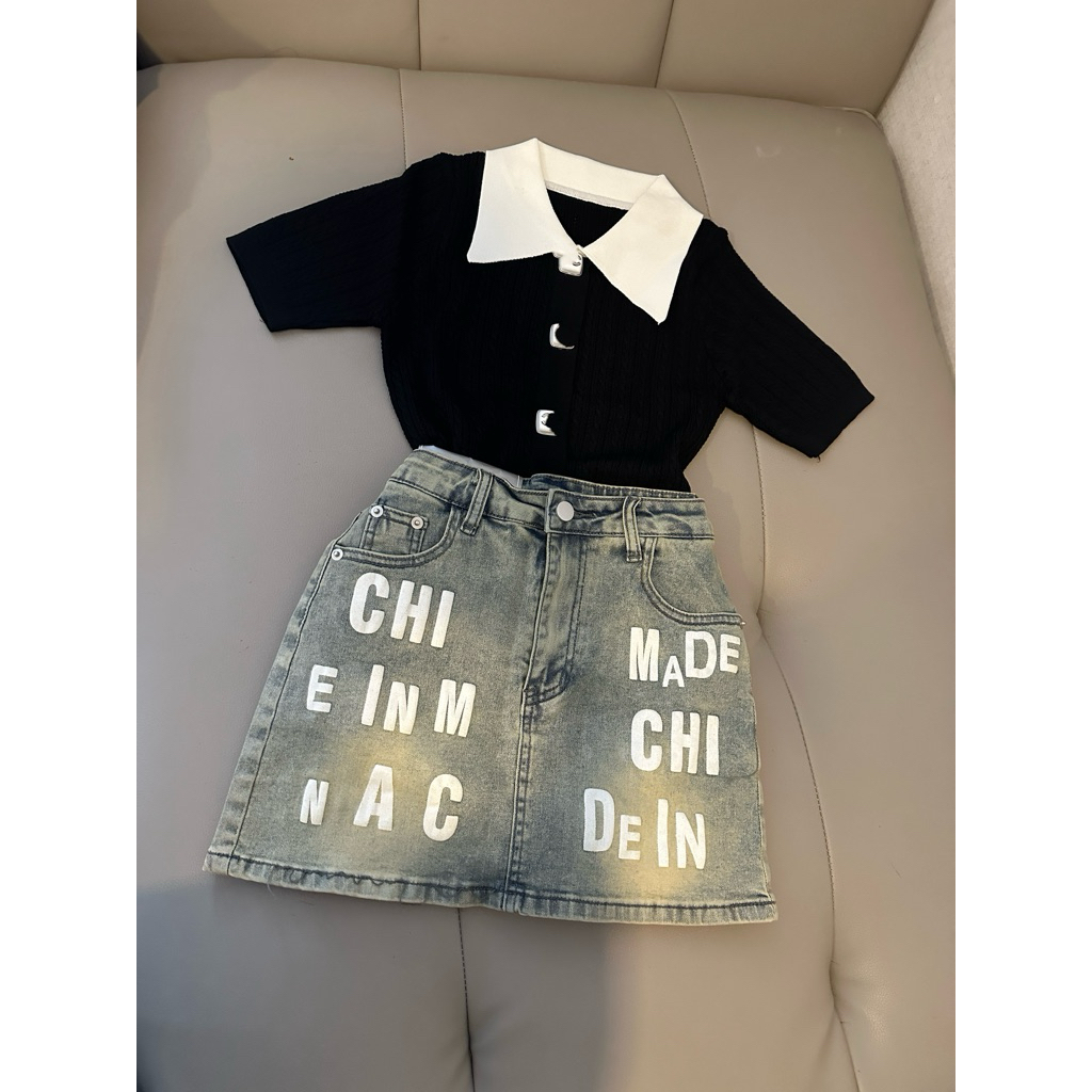 Set áo và váy quần short jean xanh dương