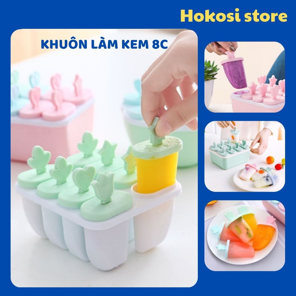 Khuôn Làm Kem 8 Ngăn Cho Bé Có Nắp Và Tay Cầm Tiện Lợi, Khuôn Làm Kem Tại Nhà