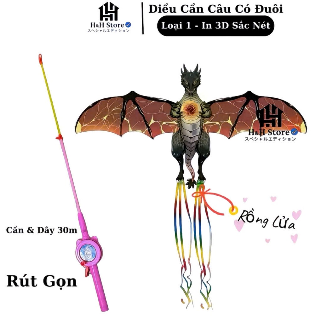 [ Size 50cm ]Diều Cần Câu Diều In 3D họa tiết hoạt hình dễ thương 50cmx80cm Kèm Cần và Dây