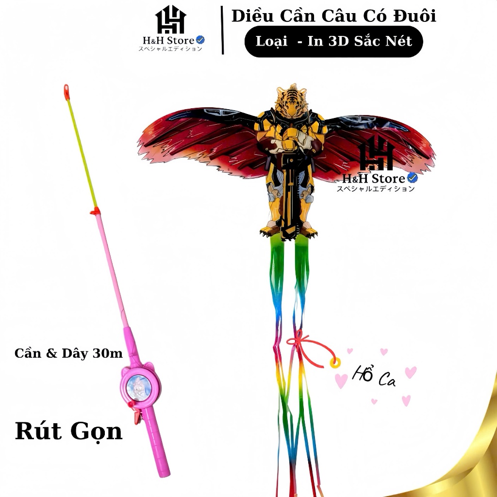 [ Size 50cm ]Diều Cần Câu Diều In 3D họa tiết hoạt hình dễ thương 50cmx80cm Kèm Cần và Dây