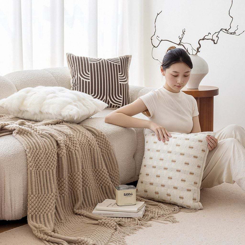 Vỏ Gối Tựa Lưng Trang Trí Sofa Tone Nâu Be Phong Cách Wabisabi Tối Giản